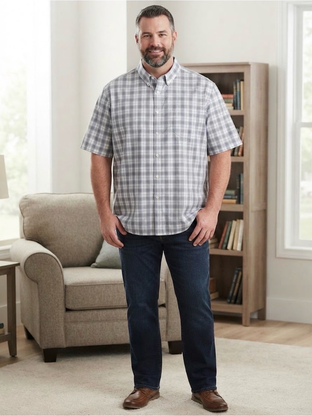 Gray Plaid Short Sleeve Men’s Button Up 3XL George Shirt Classic Fit Casual